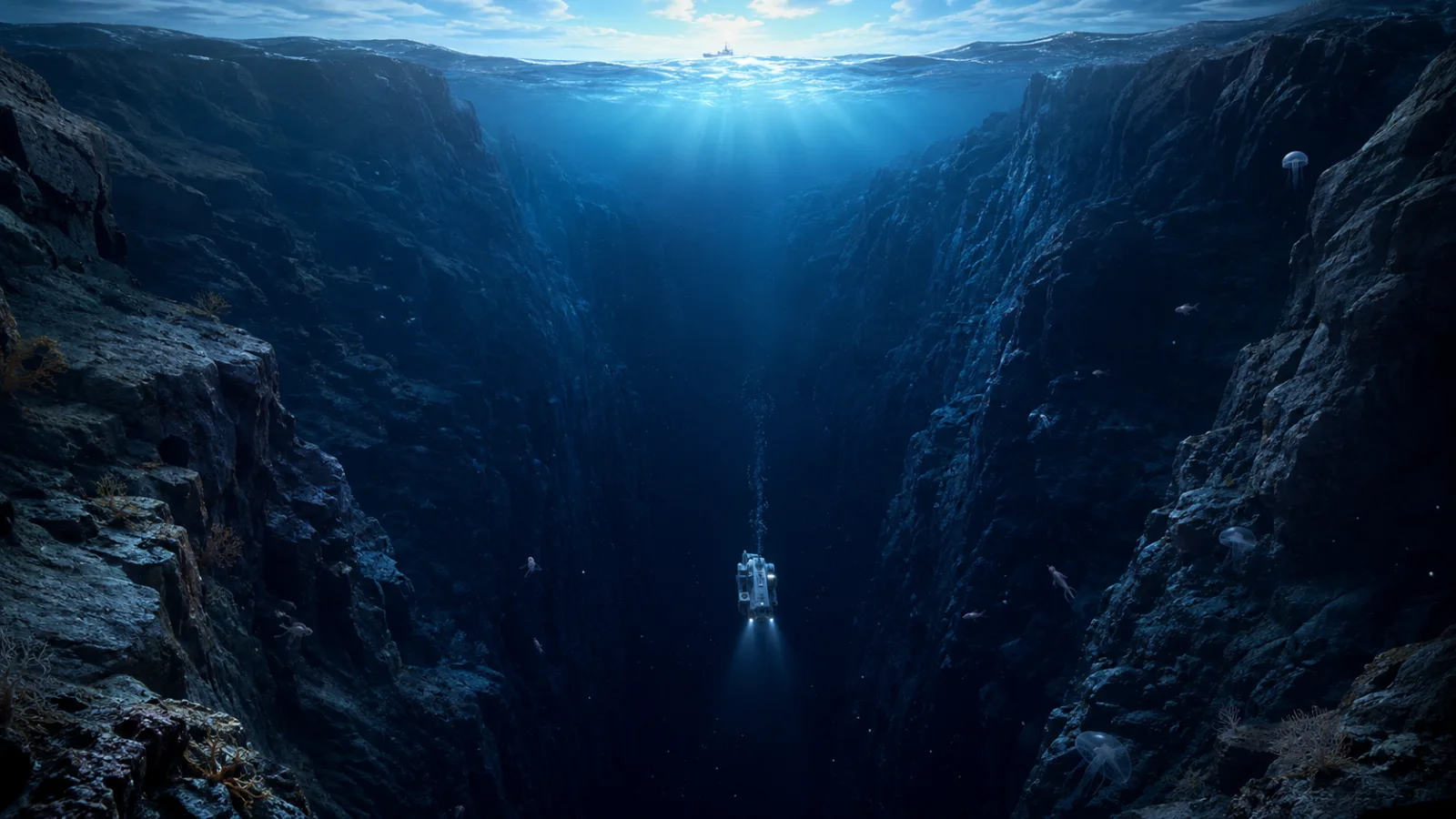Conceptual illustration of a research submersible descending into the dark ocean