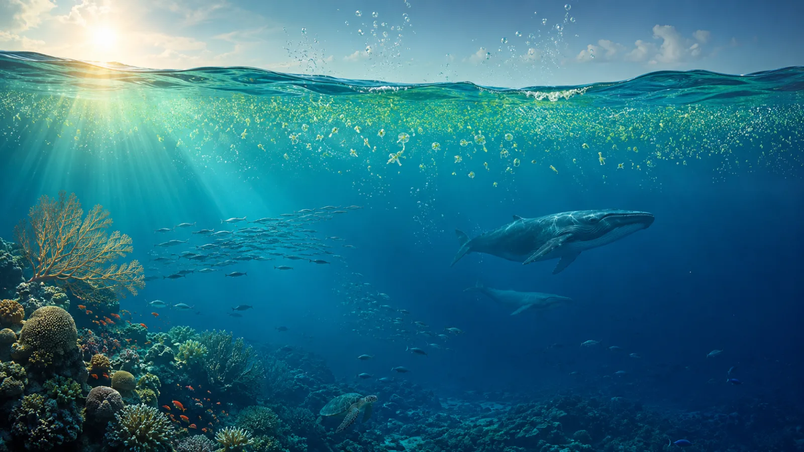 Conceptual illustration of phytoplankton, fish, coral and whales in a sunlit ocean