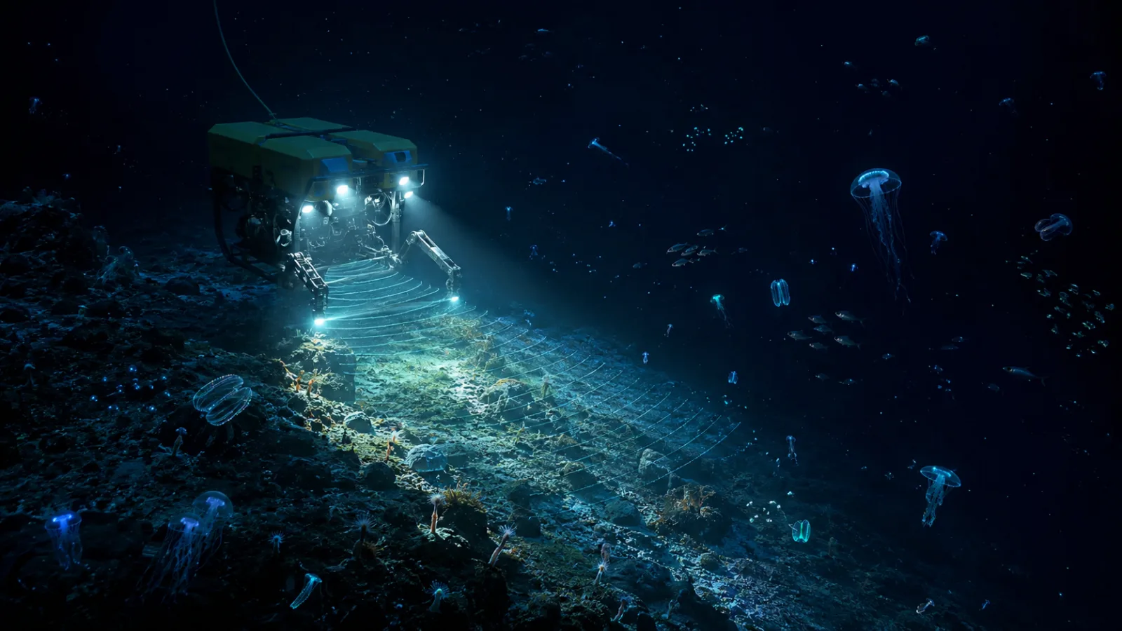 Conceptual illustration of a deep-sea robot mapping the ocean floor